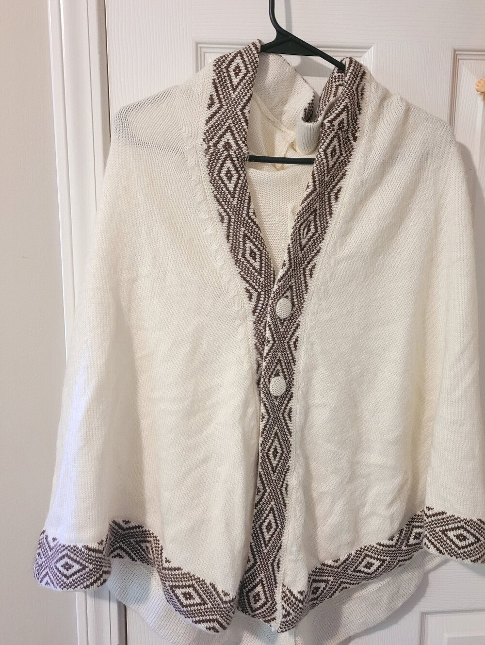 Cream Knit Shawl Cardigan with Brown Geometric Trim With Hood